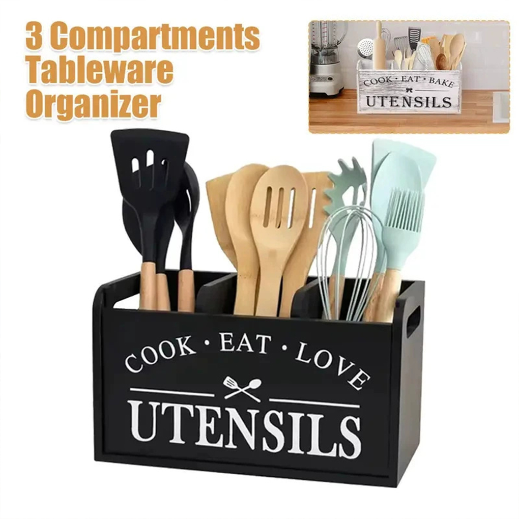 Commercial Kitchen Knife Holder - Wood Kitchen Utensils Holder 3 Compartments